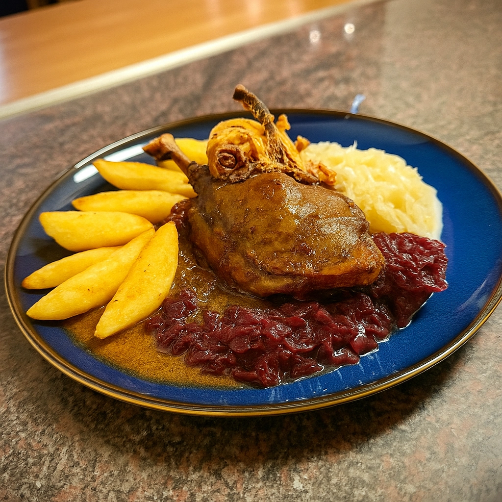 Svatomartinská husa – stehno, zelí, brusinky a bramborové špalíčky