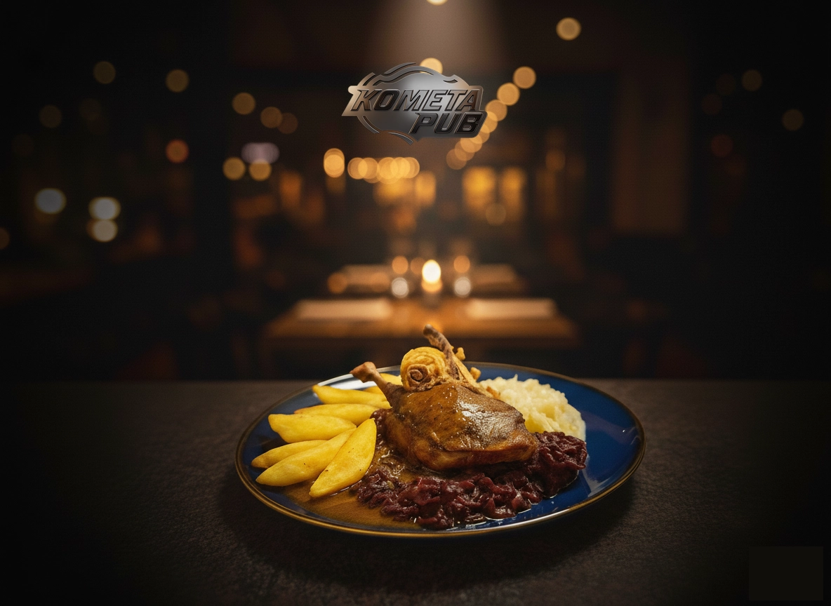 Svatomartinská husa – stehno, zelí, brusinky a bramborové špalíčky