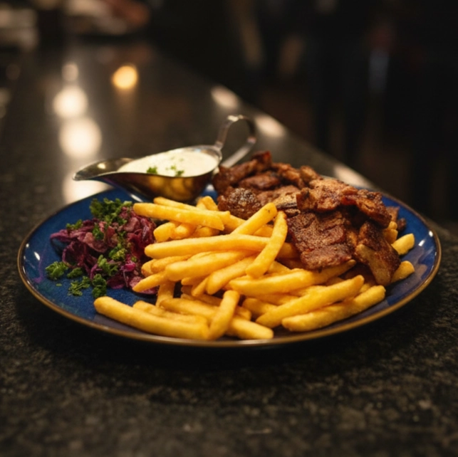 Vepřový gyros s hranolkami a česnekovým dipem